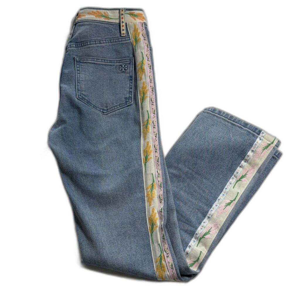 Tory Burch Amy Embroidered Ribbon Flare Jeans Button Fly Light Wash Size 24 EUC - Picture 2 of 15